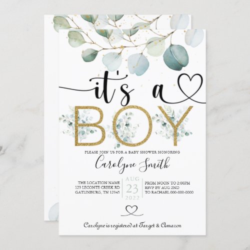 Eucalyptus Its A Boy Baby Shower Editable Invitat Invitation