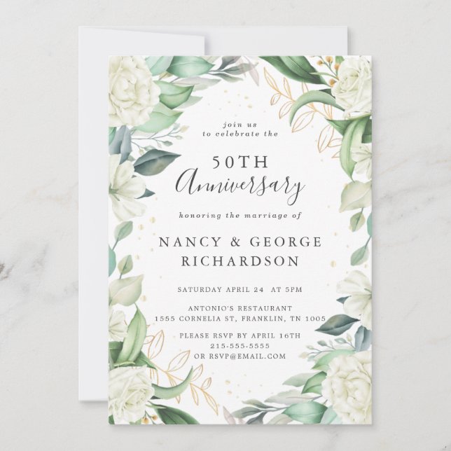 Eucalyptus Ivory Flowers 50th Wedding Anniversary Invitation (Front)