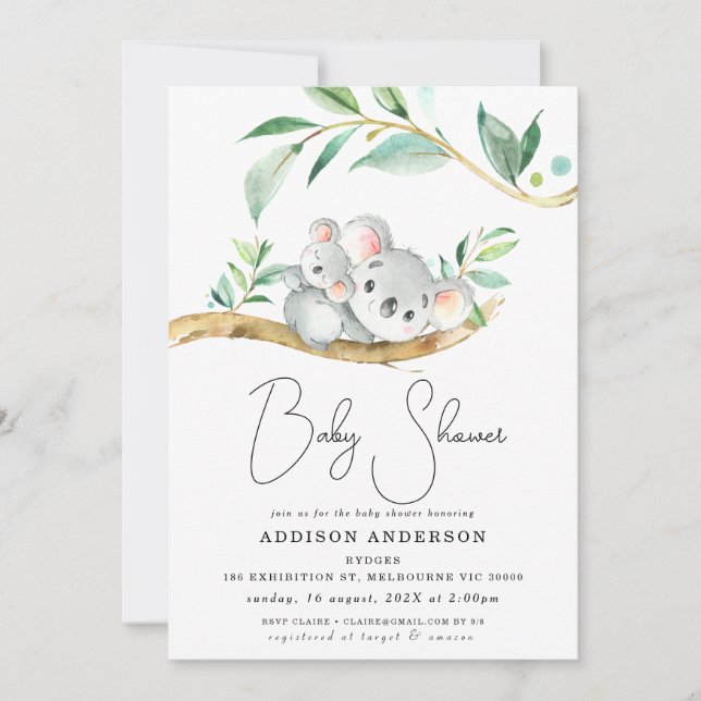 Eucalyptus Koala Bear And Joey Baby Shower Invitation (Front)