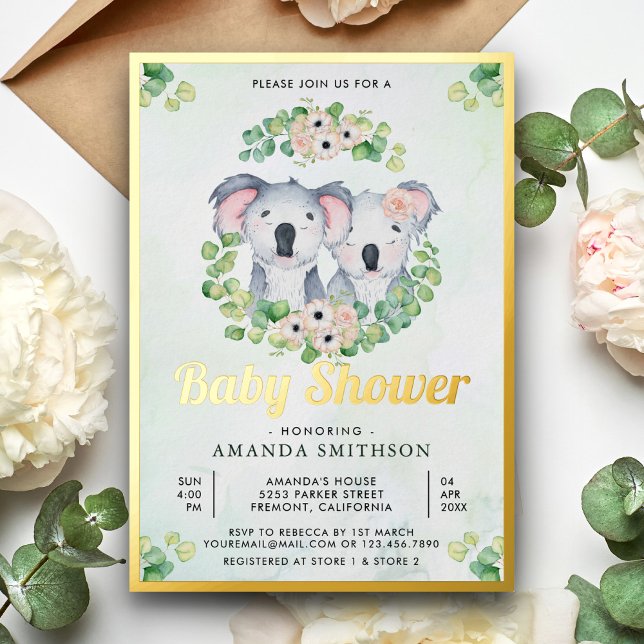 Eucalyptus Koala Bear Twins Baby Shower Gold Foil Invitation (Creator Uploaded)