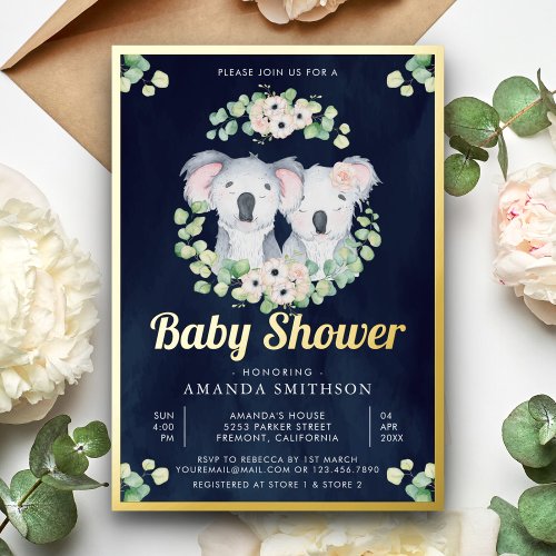 Eucalyptus Koala Bear Twins Navy Baby Shower Gold Foil Invitation