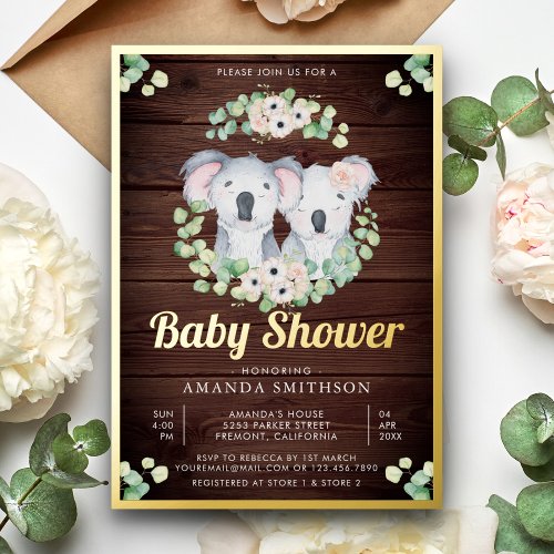 Eucalyptus Koala Bear Twins Wood Baby Shower Gold Foil Invitation