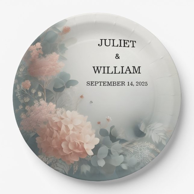 Eucalyptus Lace Tulle Pastel Dusty Blue Wedding Paper Plates (Front)