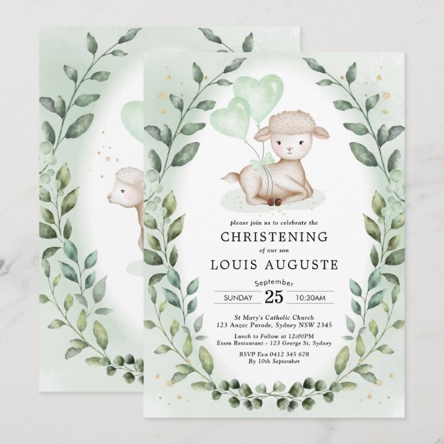 Eucalyptus Lamb Baby Sheep Christening Baptism Invitation (Front/Back)
