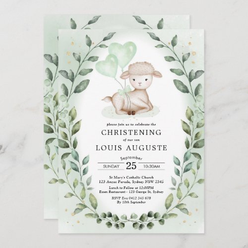 Eucalyptus Lamb Baby Sheep Christening Baptism Invitation