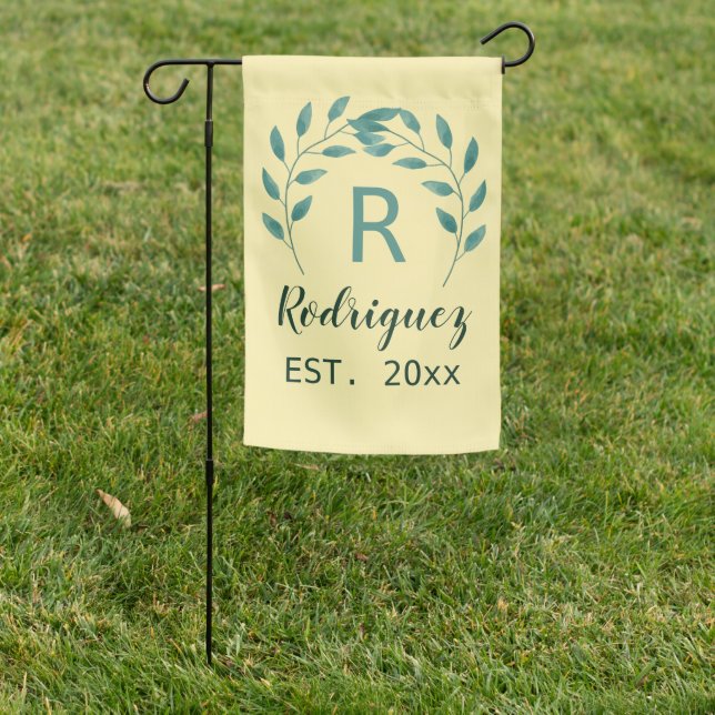 Eucalyptus Last Name Monogram Wedding   Garden Fla Flag (In SItu)