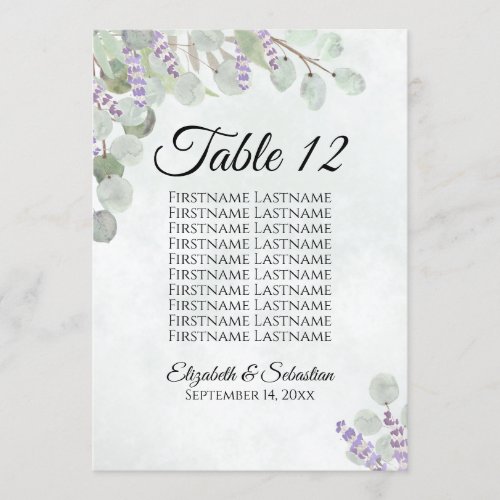 Eucalyptus  Lavender 10 Name Table Card Large
