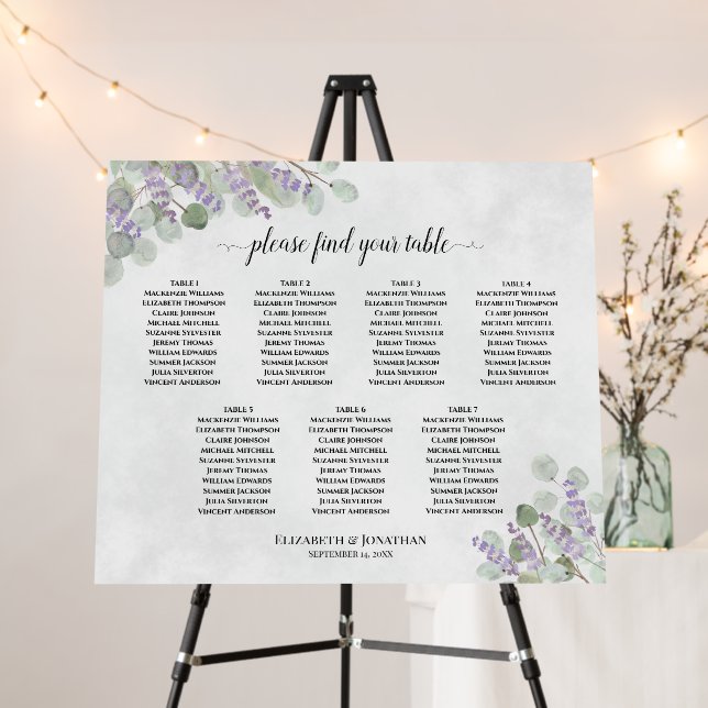 Eucalyptus Lavender 7 Table Wedding Seating Chart Foam Board (In Situ (Stand))