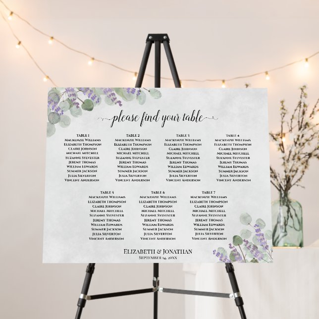 Eucalyptus Lavender 7 Table Wedding Seating Chart Foam Board (In Situ (Stand))