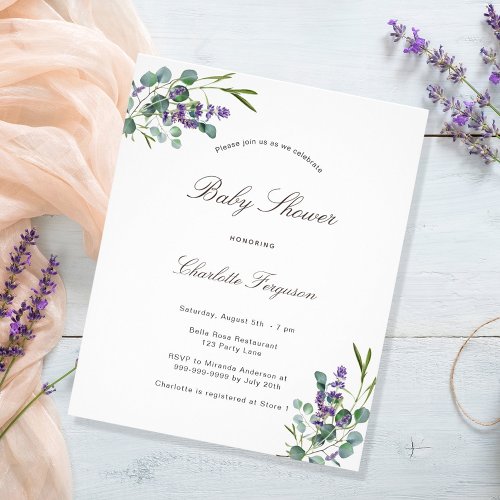 Eucalyptus lavender baby shower budget invitation flyer