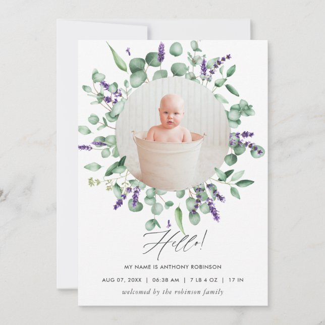 Eucalyptus Lavender Birth Announcement Photo Card (Front)
