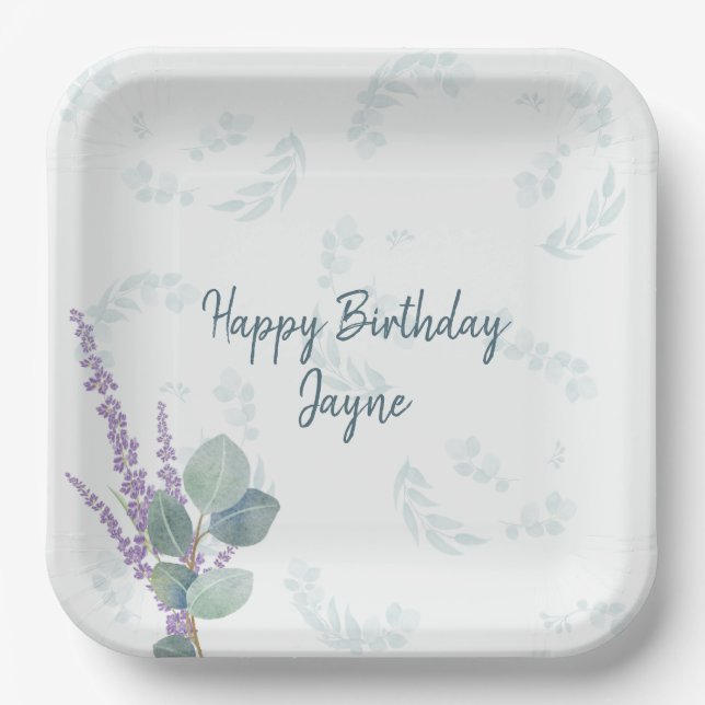 Eucalyptus Lavender Botanical Birthday Party Paper Plates (Front)