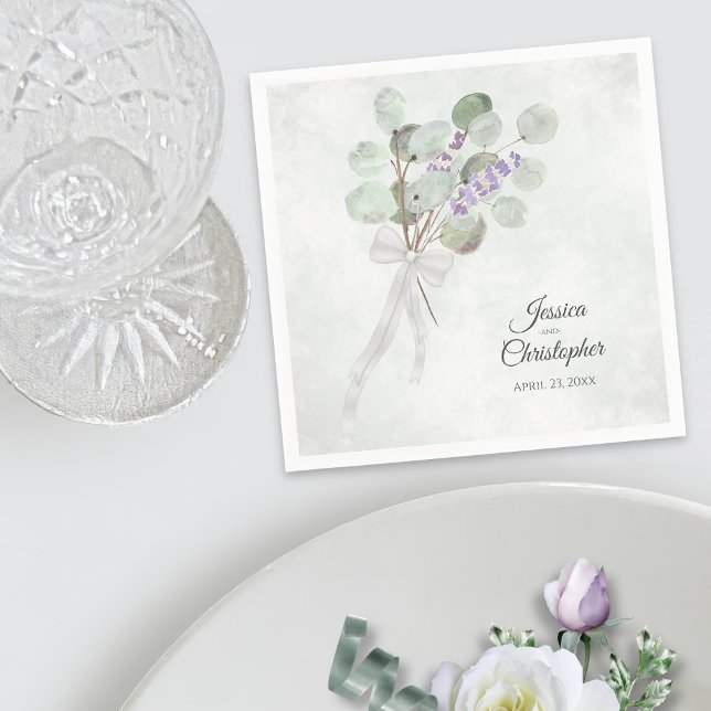 Eucalyptus & Lavender Bouquet Elegant Wedding Napkins (In Situ with Plate)