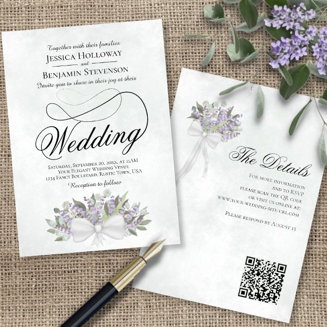 Eucalyptus & Lavender Bouquet QR Code Wedding Invitation (Front/Back)
