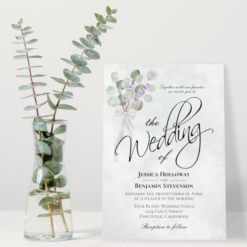 Eucalyptus  Lavender Bouquet Rustic Boho Wedding Invitation