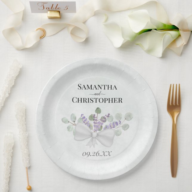 Eucalyptus & Lavender Bouquet Watercolor Wedding Paper Plates (Wedding)