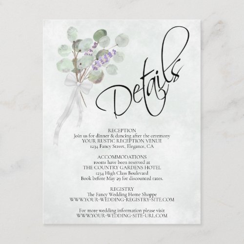 Eucalyptus  Lavender Bouquet Wedding Details Enclosure Card