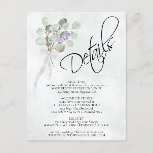 Eucalyptus  Lavender Bouquet Wedding Details Enclosure Card