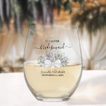 Eucalyptus Lavender Bridesmaid Maid of Honor Gift Stemless Wine Glass<br><div class="desc">This set is the perfect choice for thanking the bridesmaids and maid of honor at your wedding. The beautiful boho chic design features a bouquet of hand painted watercolor sprigs of eucalyptus leaves and lavender flowers in shades of sage green and light purple. Her name & title appears in elegant...</div>