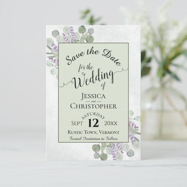 Eucalyptus & Lavender Calligraphy Green Wedding Save The Date (Standing Front)