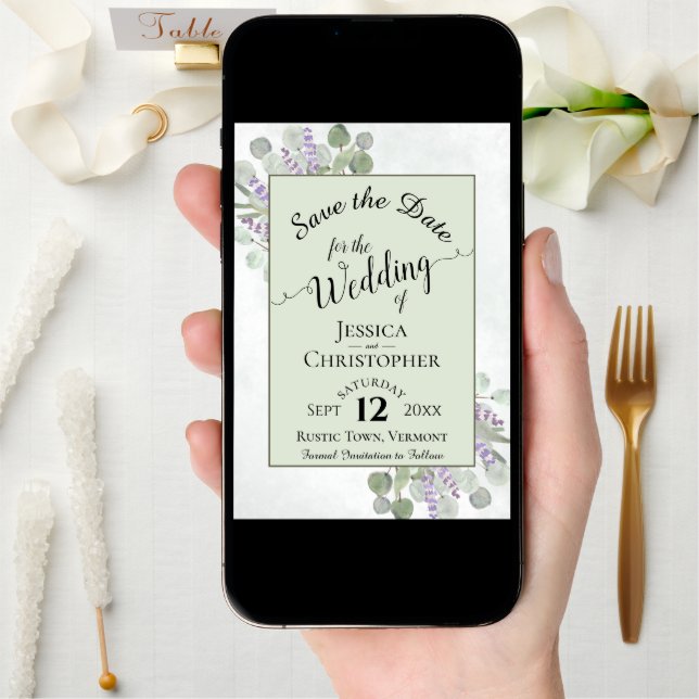 Eucalyptus & Lavender Calligraphy Green Wedding Save The Date (Front Digital)