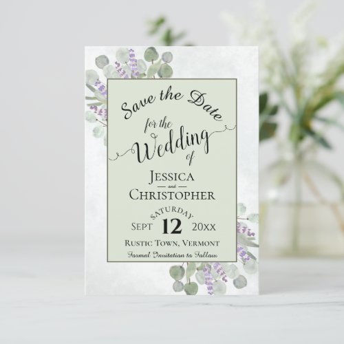 Eucalyptus  Lavender Calligraphy Green Wedding Save The Date