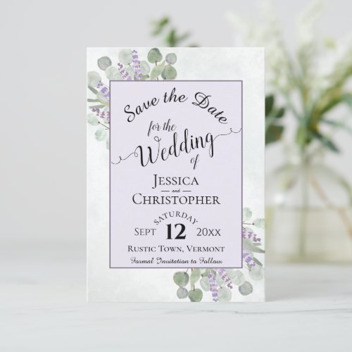 Eucalyptus  Lavender Calligraphy Purple Wedding Save The Date