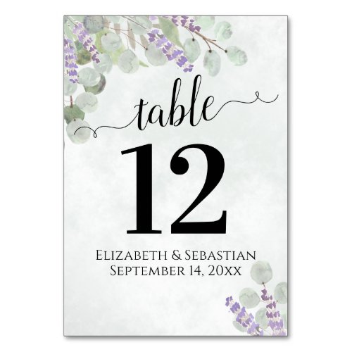 Eucalyptus  Lavender Elegant Boho Wedding Table Number