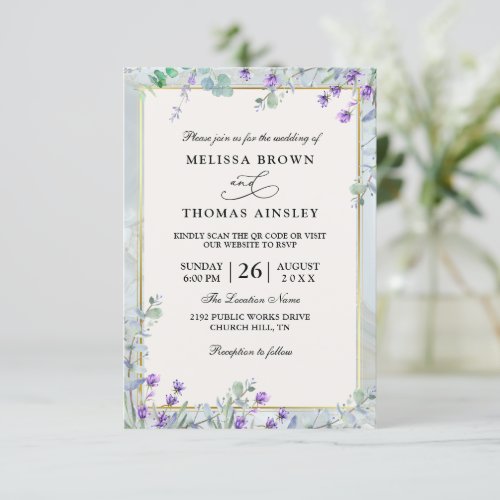 Eucalyptus Lavender Elegant Budget QR Code Wedding Invitation