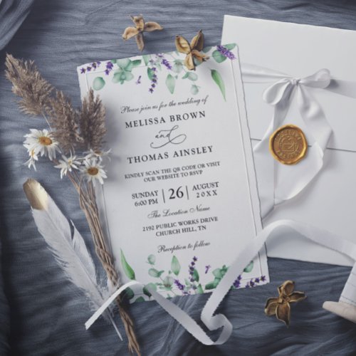 Eucalyptus Lavender Elegant Budget QR Code Wedding Invitation