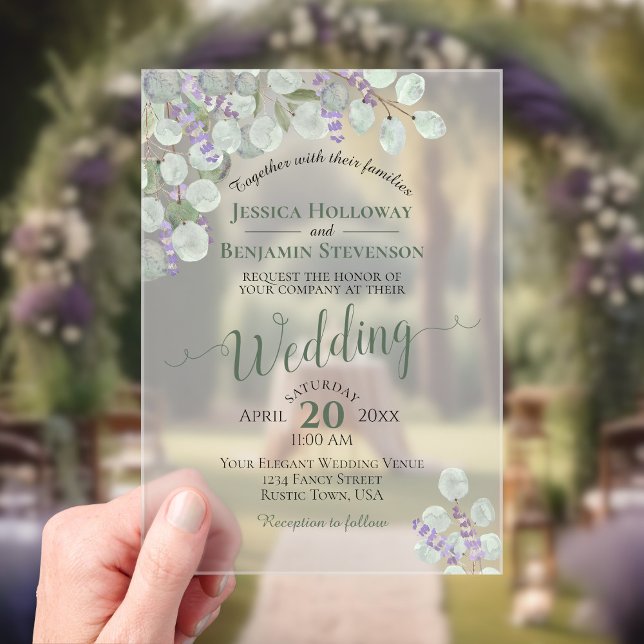 Eucalyptus & Lavender Elegant Calligraphy Wedding Acrylic Invitations (Frosted Acrylic with Rectangle Cut)
