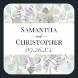 Eucalyptus & Lavender Elegant Watercolor Wedding Square Sticker<br><div class="desc">These beautiful stickers are perfect as favor tags,  save the dates,  or for your wedding mailings. They feature a beautiful design with your names and the wedding date surrounded by a bounty of eucalyptus,  lavender,  and garden foliage,  all hand painted with watercolors.</div>