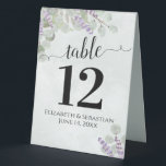 Eucalyptus & Lavender Elegant Wedding Table Number Table Tent<br><div class="desc">These beautiful table tent signs will make it easy for your guests to find their tables at your wedding reception. The elegant sage green and purple boho chic design features lacy script calligraphy with watercolor eucalyptus and sprigs of lavender flowers in the corners. There is space for the names of...</div>
