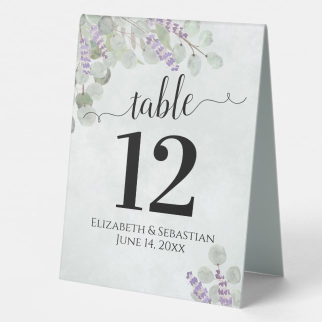 Eucalyptus & Lavender Elegant Wedding Table Number Table Tent (Back)