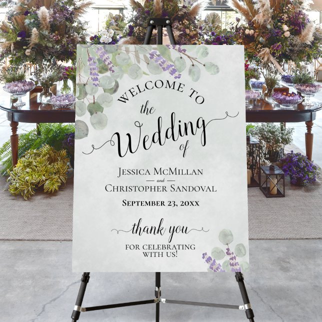 Eucalyptus & Lavender Elegant Wedding Welcome Sign (In Situ on Stand with Flowers)