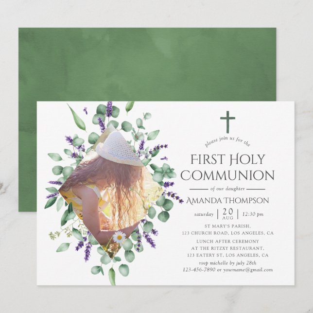 Eucalyptus Lavender First Holy Communion Invitation (Front/Back)