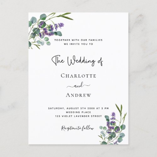 Eucalyptus lavender floral wedding invitation postcard