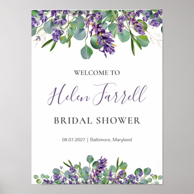 Eucalyptus Lavender Flowers Bridal Shower sign (Front)