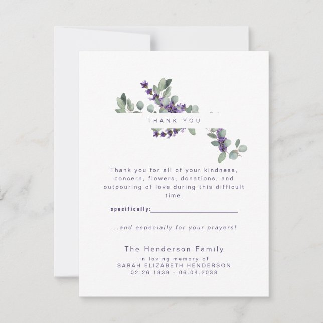 Eucalyptus Lavender Funeral Small Thank You Card (Front)