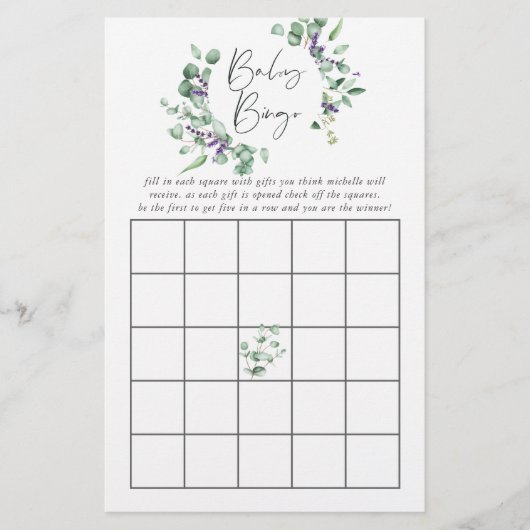 Eucalyptus Lavender Greenery Baby Shower Bingo (Front)