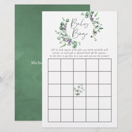 Eucalyptus Lavender Greenery Baby Shower Bingo (Front/Back)