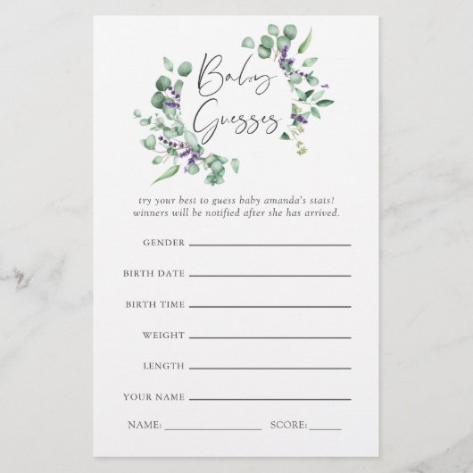 Eucalyptus Lavender Greenery Baby Shower Game (Front)