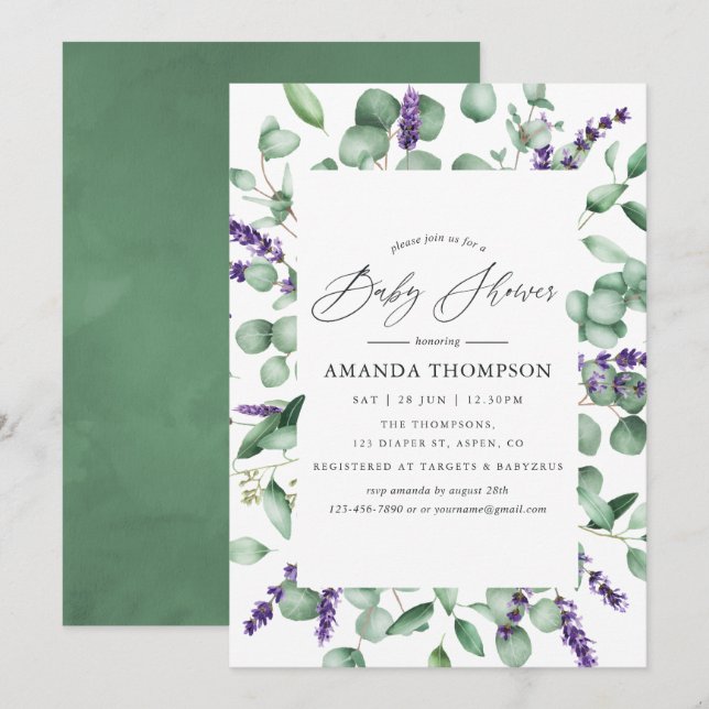 Eucalyptus Lavender Greenery Baby Shower Invitation (Front/Back)