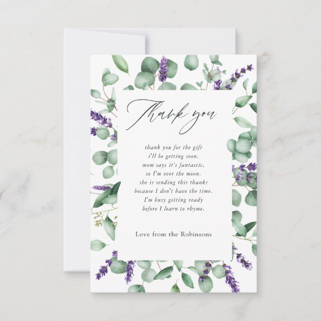 Eucalyptus Lavender Greenery Baby Shower Thank You Card (Front)