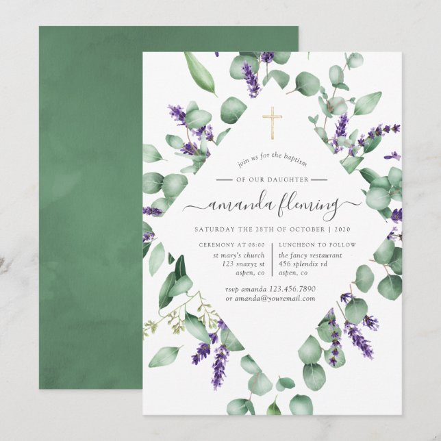 Eucalyptus Lavender Greenery Baptism/Christening Invitation (Front/Back)