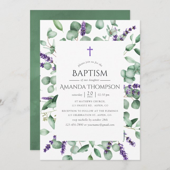 Eucalyptus Lavender Greenery Baptism/Christening Invitation (Front/Back)