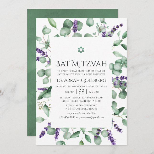 Eucalyptus Lavender Greenery Bat Mitzvah Invitation (Front/Back)