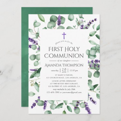 Eucalyptus Lavender Greenery First Holy Communion Invitation