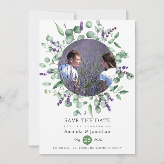Eucalyptus Lavender Greenery Photo Wedding Save The Date (Front)