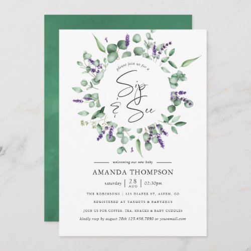 Eucalyptus Lavender Greenery Sip and See Invitation